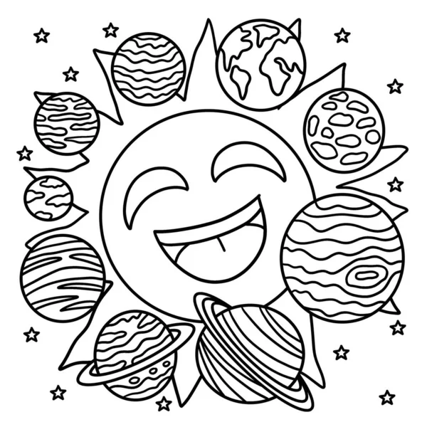 Cute Funny Coloring Page Happy Sun Solar System Provides Hours — Vector de stock