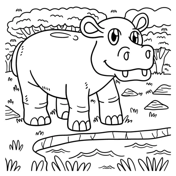 Una Página Para Colorear Lindo Divertido Hipopótamo Proporciona Horas Diversión — Archivo Imágenes Vectoriales