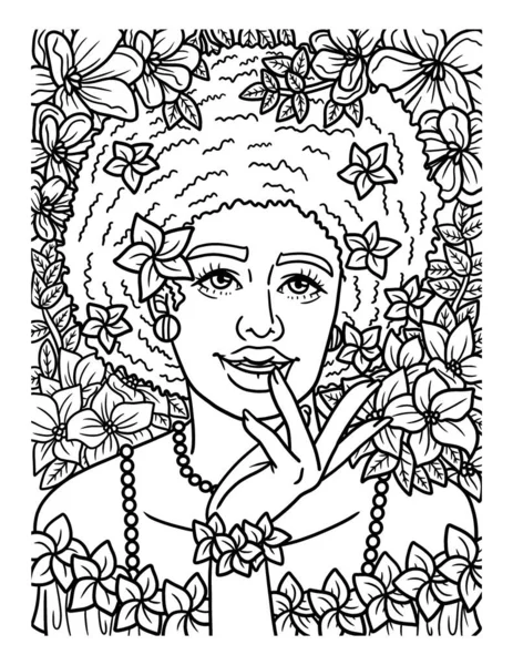 Cute Funny Coloring Page Afro American Flower Girl Provides Hours — Vetor de Stock