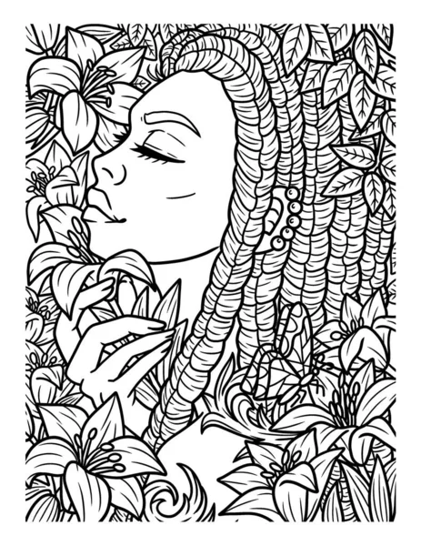 Cute Funny Coloring Page Afro American Girl Holding Flower Provides — Vetor de Stock