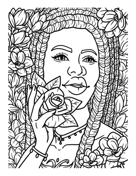 Cute Funny Coloring Page Afro American Girl Holding Flower Provides — Stok Vektör
