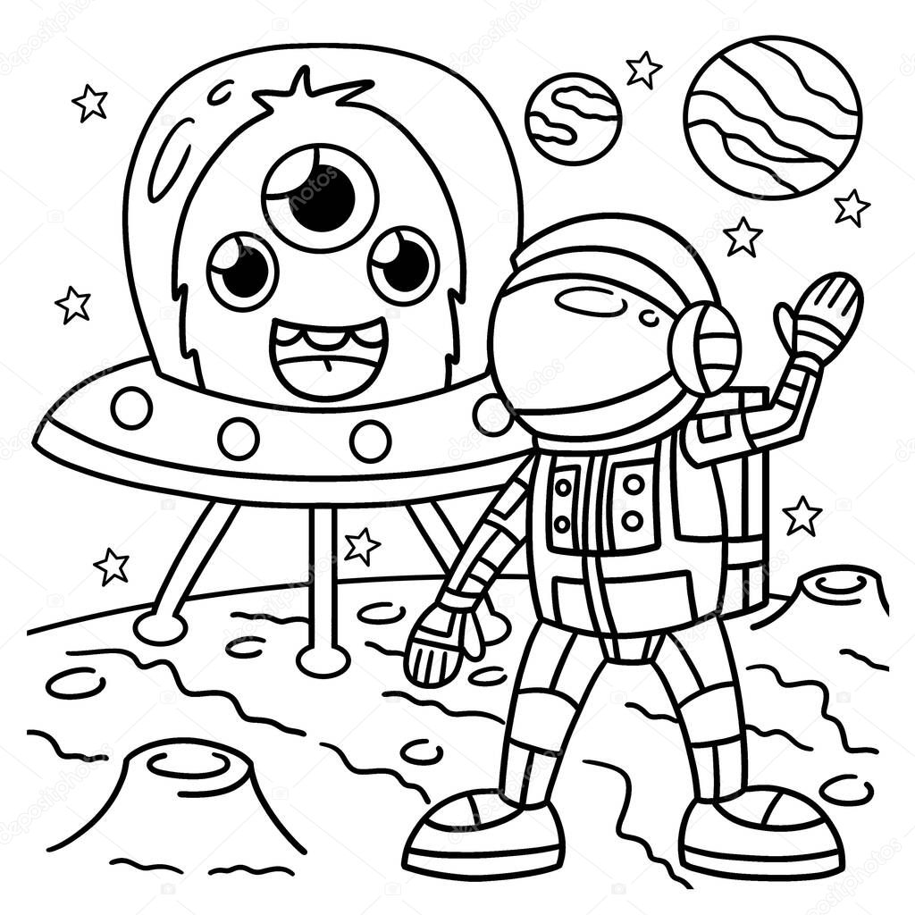 A cute and funny coloring page of an Astronaut and UFO. Provides hours of coloring fun for children. Color, this page is very easy. Suitable for little kids and toddlers.