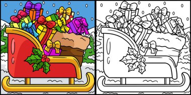 This coloring page shows a Christmas Sleigh. One side of this illustration is colored and serves as an inspiration for children.