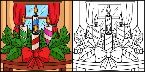Coloring Page Shows Christmas Candle One Side Illustration Colored Serves — Wektor stockowy