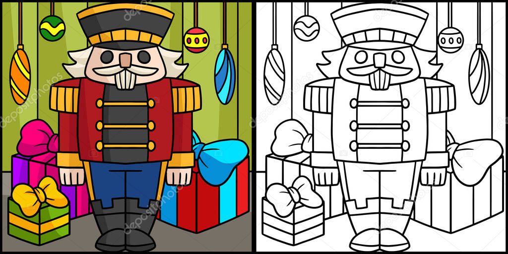 This coloring page shows a Nutcracker. One side of this illustration is colored and serves as an inspiration for children.