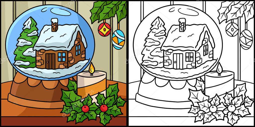 This coloring page shows a Christmas Snow Globe. One side of this illustration is colored and serves as an inspiration for children.
