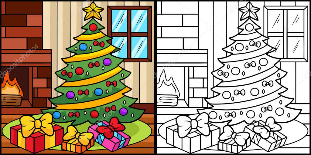 This coloring page shows a Christmas Tree with Gifts. One side of this illustration is colored and serves as an inspiration for children.