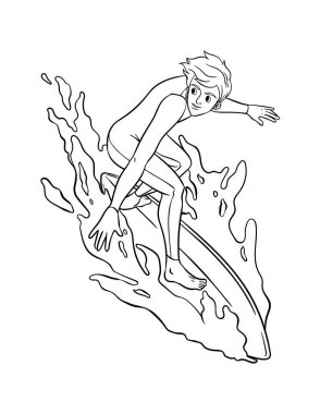 A cute and funny coloring page of a surfer. Provides hours of coloring fun for children. Color, this page is very easy. Suitable for little kids and toddlers.