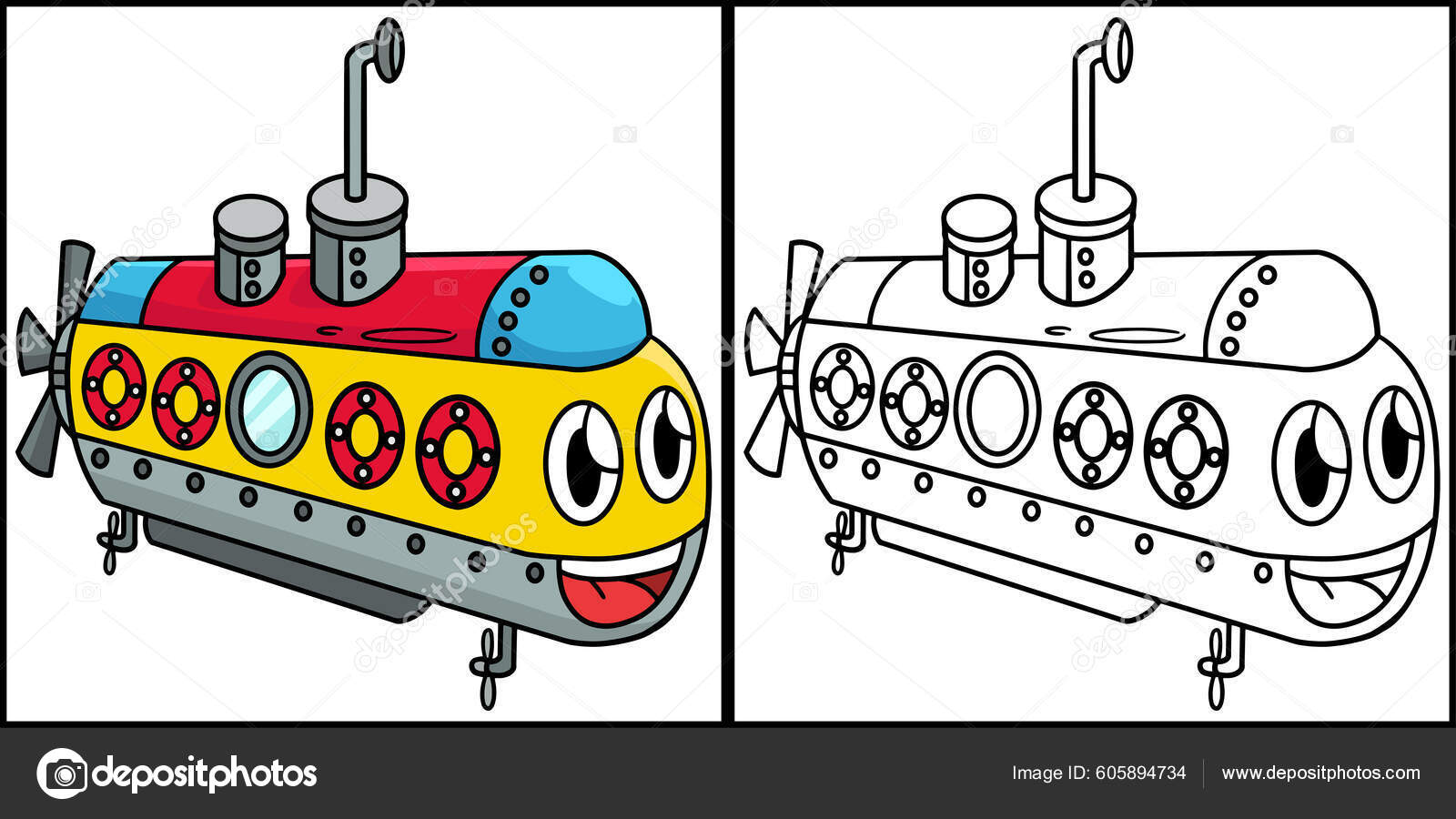 Coloring Page Shows Submarine Face Vehicle One Side Illustration