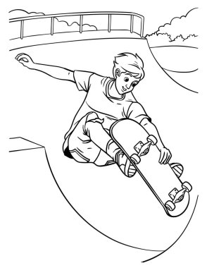 A cute and funny coloring page of Skateboarding. Provides hours of coloring fun for children. Color, this page is very easy. Suitable for little kids and toddlers.
