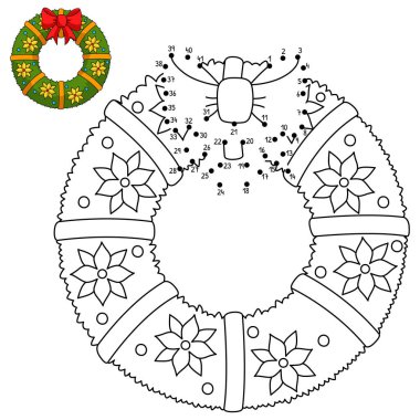 A cute and funny connect-the-dots coloring page of a Christmas wreath. Provides hours of coloring fun for children. Color, this page is very easy. Suitable for little kids and toddlers.