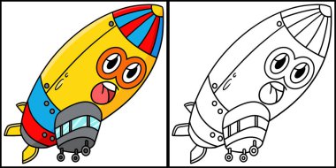 This coloring page shows a Zeppelin with Face Vehicle. One side of this illustration is colored and serves as an inspiration for children.