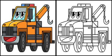 This coloring page shows a Tow Truck with Face Vehicle. One side of this illustration is colored and serves as an inspiration for children.