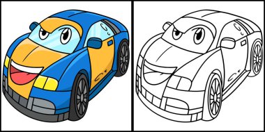 This coloring page shows a Normal Car with Face Vehicle. One side of this illustration is colored and serves as an inspiration for children.