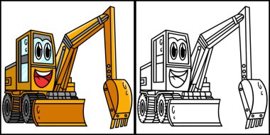 This coloring page shows an Excavator with Face Vehicle. One side of this illustration is colored and serves as an inspiration for children.