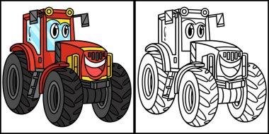 This coloring page shows a Tractor with Face Vehicle. One side of this illustration is colored and serves as an inspiration for children.