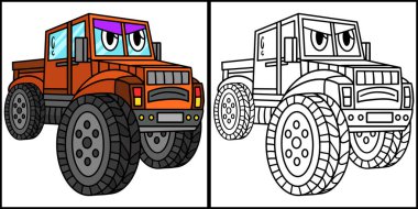 This coloring page shows an Off-Road Truck with Face Vehicle. One side of this illustration is colored and serves as an inspiration for children.