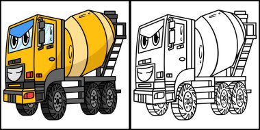 This coloring page shows a Concrete Mixer with Face Vehicle. One side of this illustration is colored and serves as an inspiration for children.