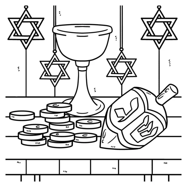 Cute Funny Coloring Page Dreidel Coins Chalice Provides Hours Coloring — Vector de stock