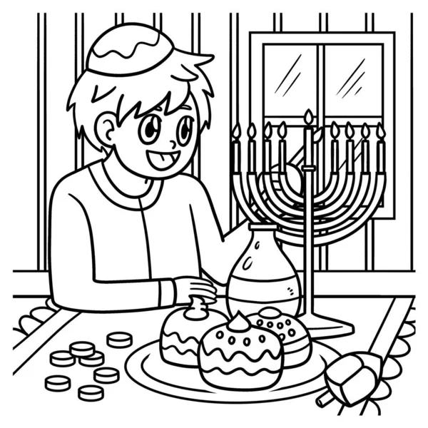 Cute Funny Coloring Page Boy Lighting Menorah Provides Hours Coloring — Stok Vektör