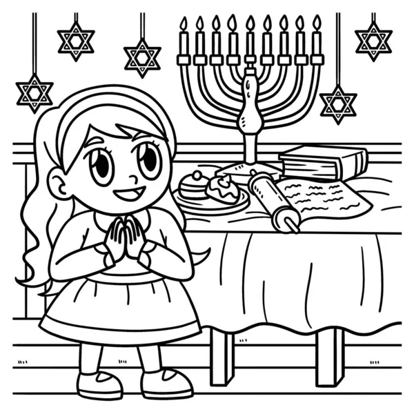Cute Funny Coloring Page Girl Praying Menorah Provides Hours Coloring — Stok Vektör