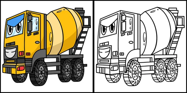 This coloring page shows a Concrete Mixer with Face Vehicle. One side of this illustration is colored and serves as an inspiration for children.