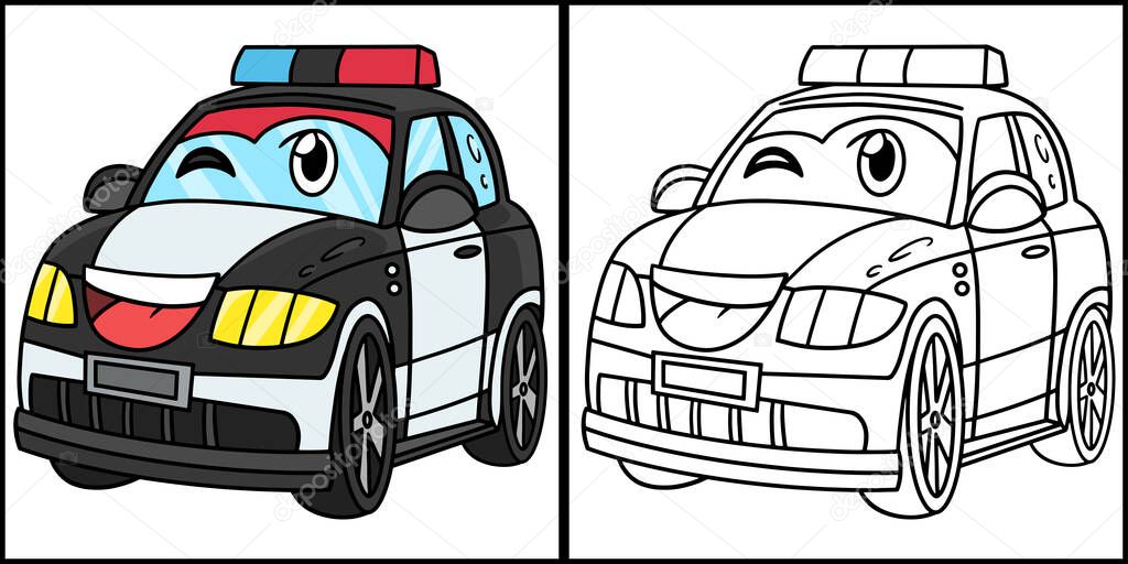 This coloring page shows a Police Car with Face Vehicle. One side of this illustration is colored and serves as an inspiration for children.