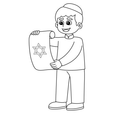 A cute and funny coloring page of a Hanukkah Jewish with a Scroll. Provides hours of coloring fun for children. Color, this page is very easy. Suitable for little kids and toddlers.