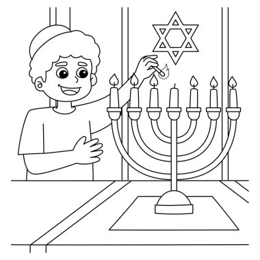 A cute and funny coloring page of a Hanukkah Boy Lighting Menorah. Provides hours of coloring fun for children. Color, this page is very easy. Suitable for little kids and toddlers.