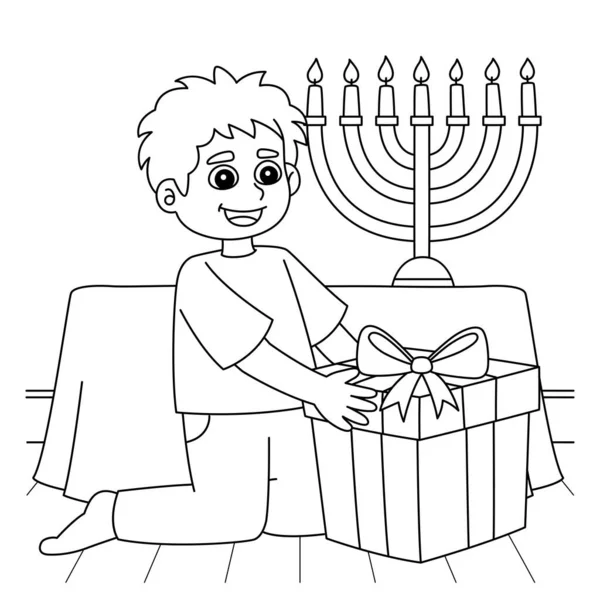 Cute Funny Coloring Page Hanukkah Boy Gift Provides Hours Coloring — Stockový vektor