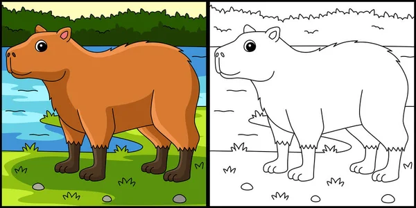 Coloring Page Shows Capybara Animal One Side Illustration Colored Serves — Διανυσματικό Αρχείο