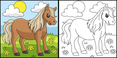 This coloring page shows a Pony Animal. One side of this illustration is colored and serves as an inspiration for children.
