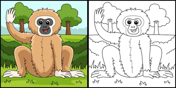 Coloring Page Shows Gibbon Animal One Side Illustration Colored Serves — Stockvector