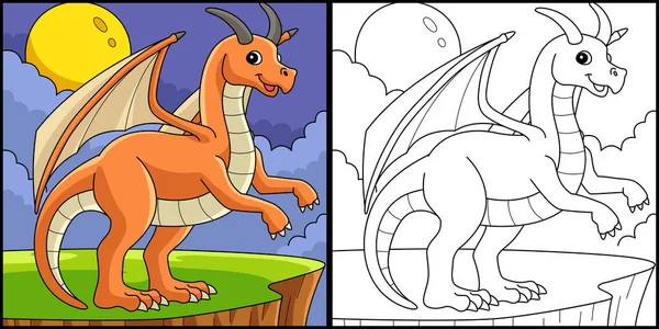Coloring Page Shows Dragon Animal One Side Illustration Colored Serves — Vettoriale Stock
