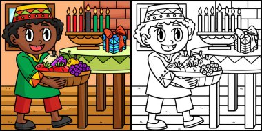 Bu boyama sayfasında Mazao taşıyan bir Kwanzaa 'lı çocuk var. Bu illüstrasyonun bir tarafı renkli ve çocuklar için bir ilham kaynağı..