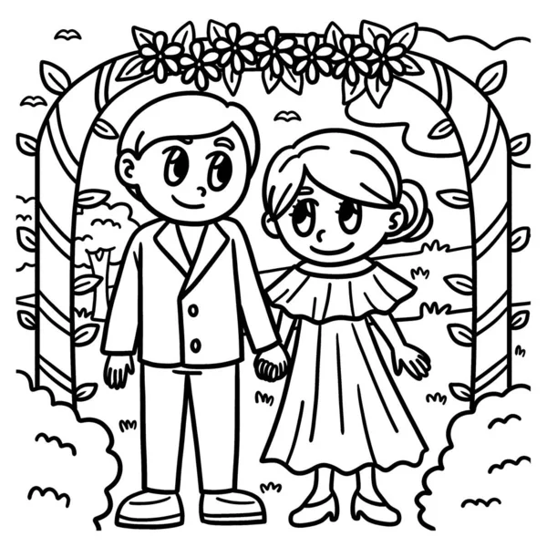 Una Simpatica Divertente Pagina Colorare Matrimonio Sposo Sposa Fornisce Ore — Vettoriale Stock