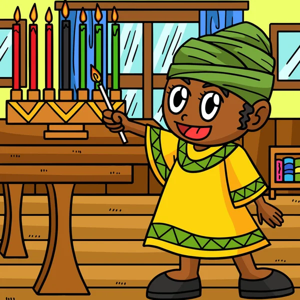 这个卡通片部分展示了Kwanzaa儿童照明Kinara的插图 — 图库矢量图片