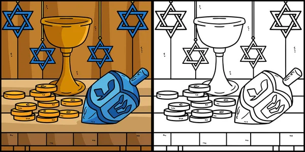 この着色ページには Hanukka Dreidel Coins Chaliceが表示されます このイラストの片側は着色されており 子供のためのインスピレーションとして機能します — ストックベクタ