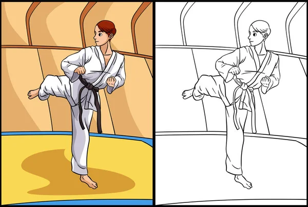 Esta Página Para Colorir Mostra Karate Lado Desta Ilustração Colorido —  Vetores de Stock