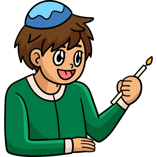この漫画のクリップは Hanukka Boy Holding Candleのイラストを示しています — ストックベクタ