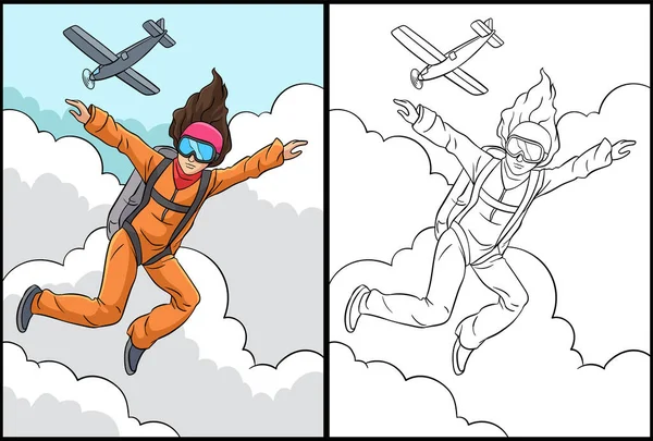 Esta Página Para Colorir Mostra Skydiving Lado Desta Ilustração Colorido — Vetor de Stock