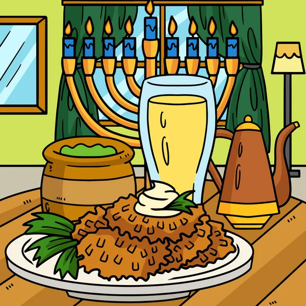 这个卡通片部分展示了一个带有Menorah插图的Hanukkah Latke — 图库矢量图片
