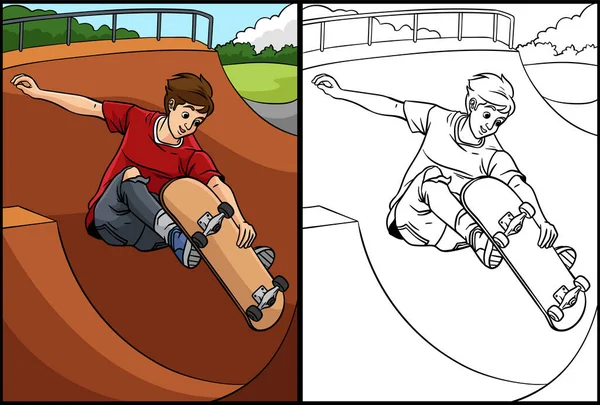 Această Pagină Colorat Arată Skateboarding Parte Acestei Ilustrații Este Colorată — Vector de stoc