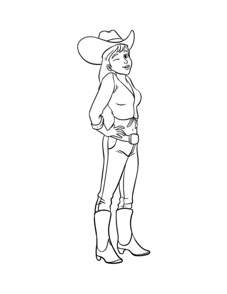 Une Page Colorier Mignonne Drôle Une Cowgirl Fournit Des Heures — Image vectorielle