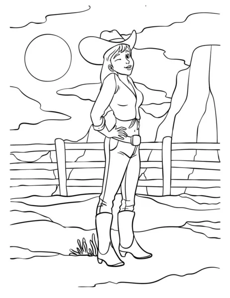 Une Page Colorier Mignonne Drôle Une Cowgirl Fournit Des Heures — Image vectorielle