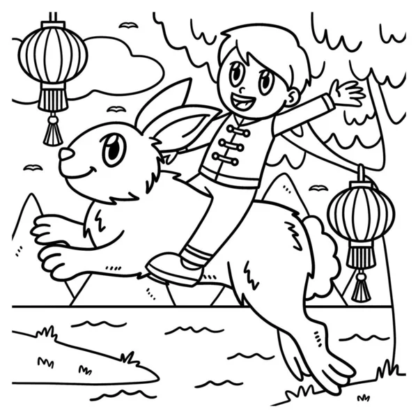 一个可爱有趣的彩色网页一个男孩骑兔子 为孩子们提供几个小时的彩色娱乐 要配色 这一页很容易 适用于幼儿及幼儿 — 图库矢量图片