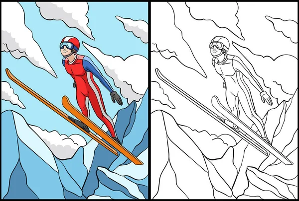 Această Pagină Colorat Arată Ski Jumping Parte Acestei Ilustrații Este — Vector de stoc