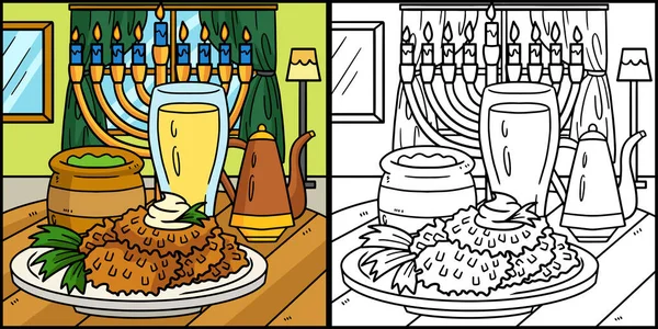 Esta Página Para Colorir Mostra Hanukkah Latke Com Menorah Lado —  Vetores de Stock