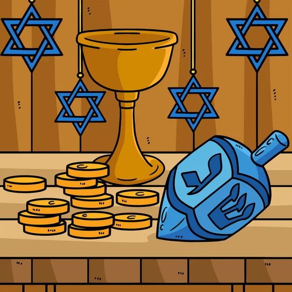 この漫画のクリップは Hanukka Dreidel Coins Chaliceのイラストを示しています — ストックベクタ