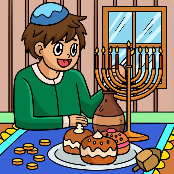 この漫画のクリップは Hanukka男の子の照明Menorahイラストを示しています — ストックベクタ